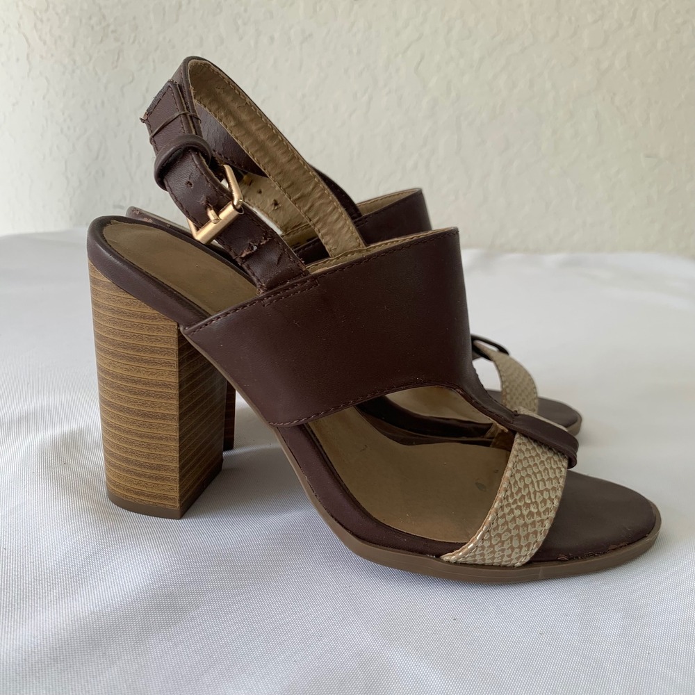 Charming Charlie Slingback Block Heel Sandals Dark Brown Women 7 Snake Print